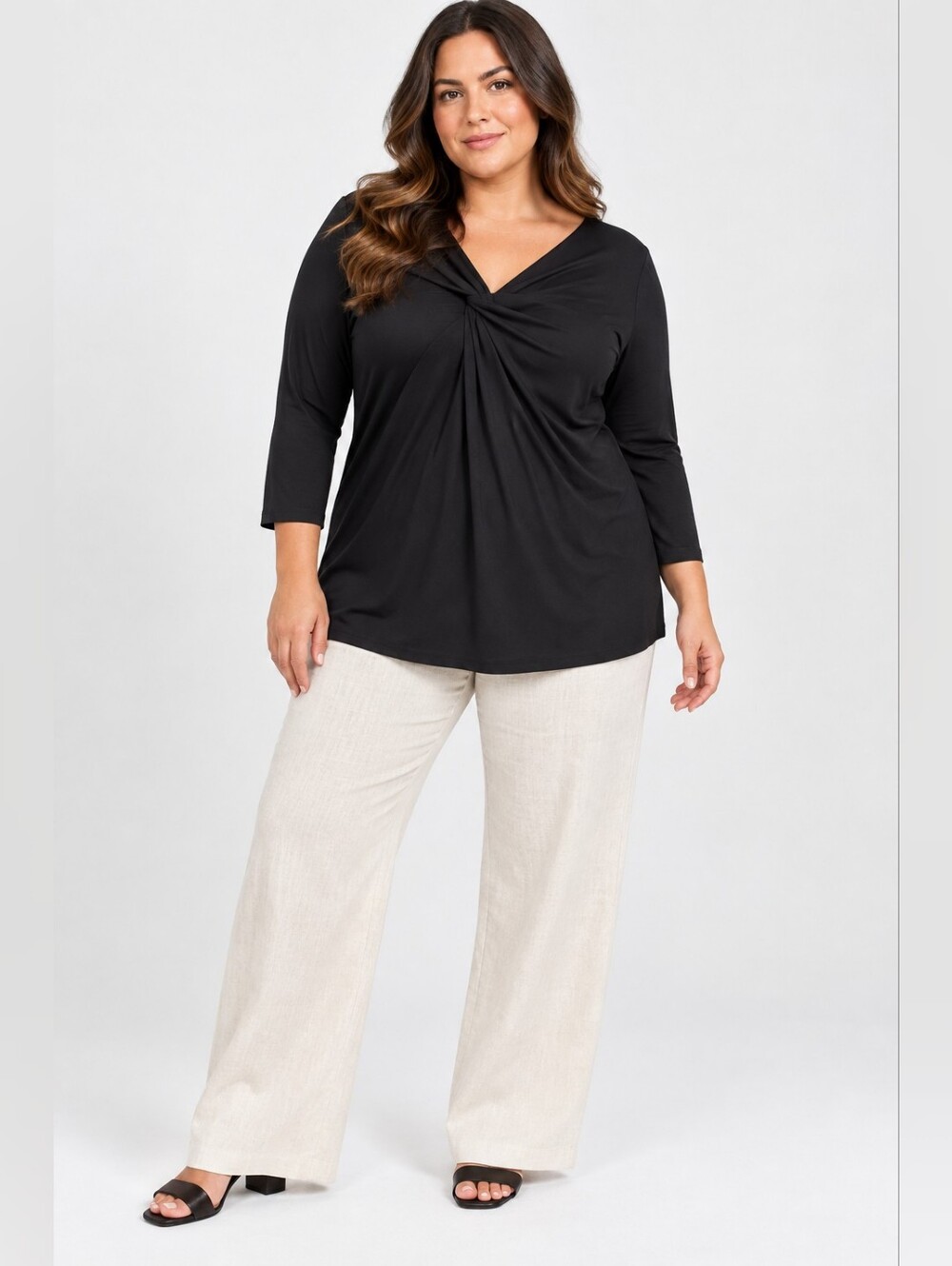 Tahari Black Twist-Front V-Neck Long Sleeve Top